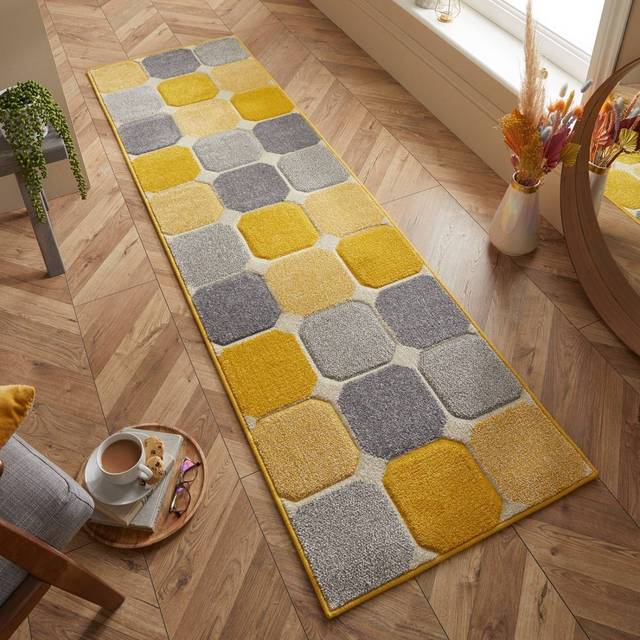 (6. 172J Box - Yellow, Hallway Runner : 60 x 230 cm) Modern Geometric Floral Abstract Area Rugs Check Multi Coloured Non Slip Runner
