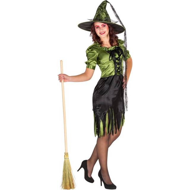 (L) Green Witch Costume | Women Halloween Fancy Dress Outfit Hat Magic Glinda Broom