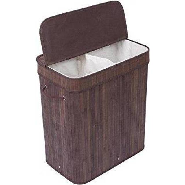 BIRDROcK HOME Double Laundry Hamper with Lid and cloth Liner - Bamboo - Espresso - Easily Transport Laundry Basket - 2 Section collapsible Hamper - S