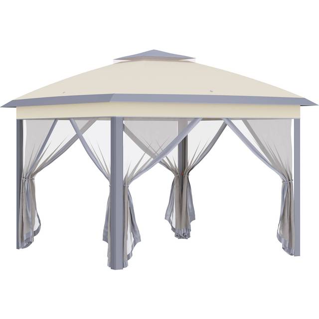 Outsunny 11 x 11ft Waterproof Gazebo, Double-Roof Shelter with Mesh Sidewalls, Adjustable Height & Carry Bag, Beige Aosom UK
