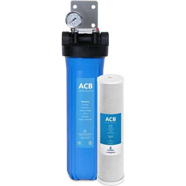 Express Water Whole House Water Filter  1 Stage Home Water Filtration System  Carbon Filter  Includes Pressure Gauges  Easy Release  and 1 Inch Connec