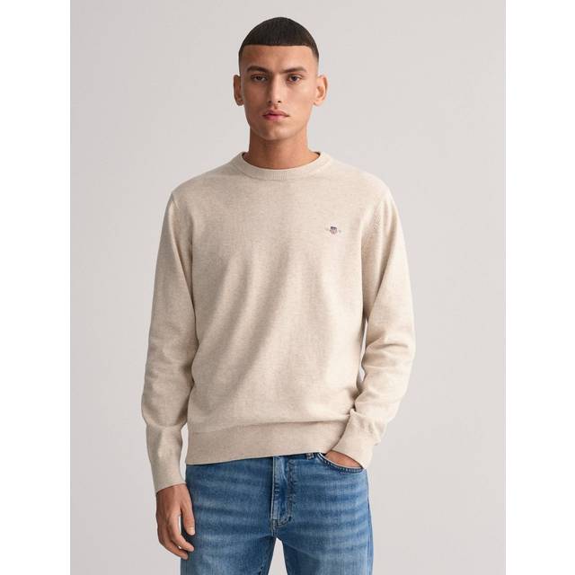 GANT Klassisk bomull C-hals tröja för män, Ljus beige melange 1, 3XL