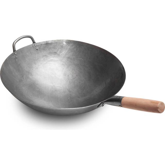 Craft Wok Big 16 Inch Heavy Hand Hammered Carbon Steel Pow Wok with Wooden and Steel Helper Handle (Round Bottom) / 731W138