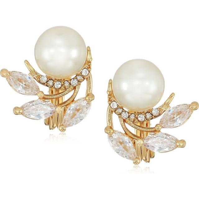 Anne Klein Women's Pearl Button Clip On Earrings in Gold Tone size 0.55"