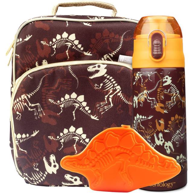 Bentology Kids Lunch Bag Set w Matching Reusable Water Bottle  Hard Ice Pack Orange Dinosaurs Insulated Tote  Stainless Steel