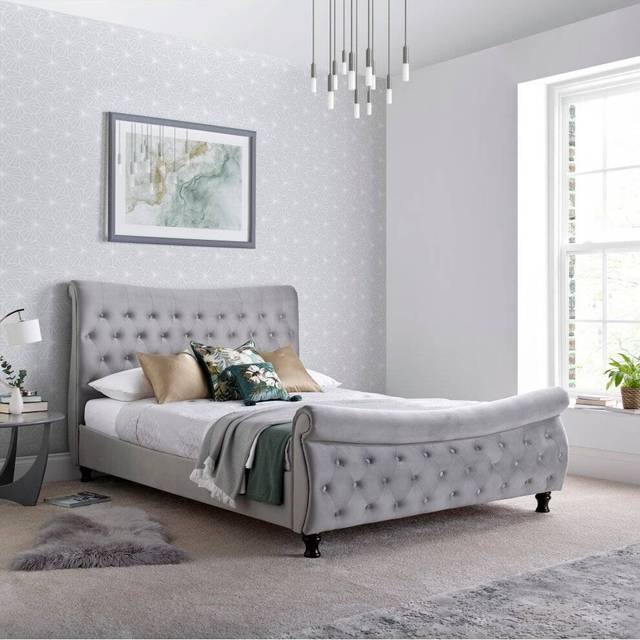 Oxford Grey Velvet Chesterfield Sleigh Bed King size, Grey