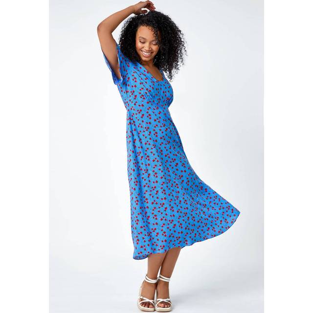 Petite Strawberry Print Midi Tea Dress - Blue - Size 12 - Roman