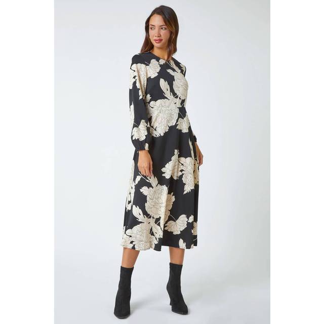 Roman Womens Floral Contrast Print Midi Dress - Black - Size 14 UK
