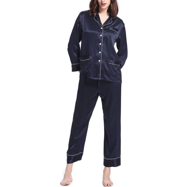 LILYSILK Ladies Silk Pjs Navy Blue UK Silk Soft Luxury Long Sleeve Pyjamas XS