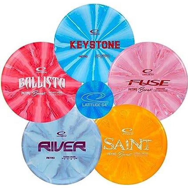 Latitude 64 retro burst disc-golfskivor set (5-pack) – perfekt för nya till mellanspelare | Inkluderar nyckelsten, säkring, flod, helgon, ballista + mini | greppig basplast | färgerna kan variera