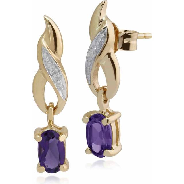 Classic Oval Amethyst & Diamond Twist Drop Earrings in 9ct Yellow Gold