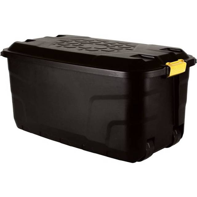 Samuel Alexander 75L Heavy Duty Trunk On Wheels Sturdy, Lockable, Stackable And Nestable Design Storage Chest With Clips In Black, Black