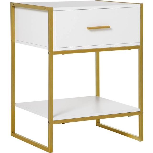 HOMCOM Modern Bedside Table Side Table Nightstand w/ Drawer Shelf White Gold | TJ Hughes