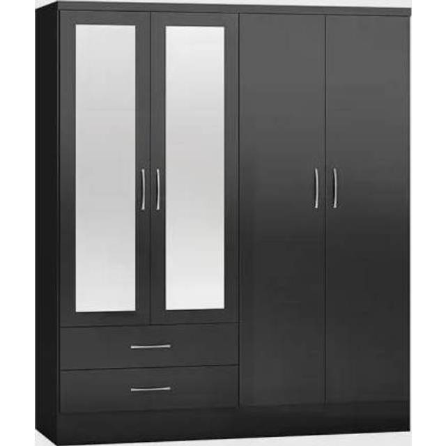 Seconique Nevada 4 Door 2 Drawer Black Gloss Mirror Wardrobe
