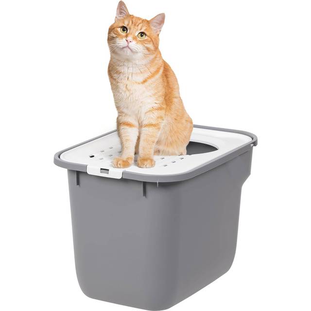 IRIS USA Square Top Entry Cat Litter Box with Scoop  Large Kitty Litter Tray with Litter Catching Lid Less Tracking Dog Proof and Privacy Walls  Gray/
