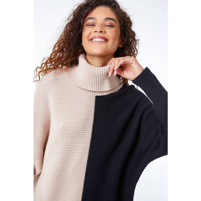 Roman Natural Colour Block Longline Roll Neck Jumper - Size 12