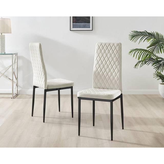 Set of 4 Milan High Back Soft Touch Diamond Pattern Velvet Dining Chairs With Black Powder Coated Metal Legs - Cream - One Size