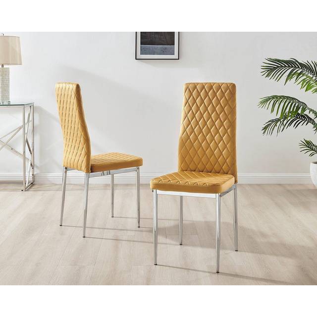 Set of 4 Milan High Back Soft Touch Diamond Pattern Velvet Dining Chairs With Silver Chrome Metal Legs - Mustard - One Size