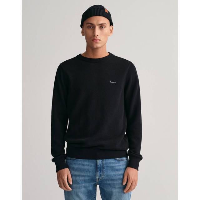 Cotton Pique Crew Neck Herr, Black, S