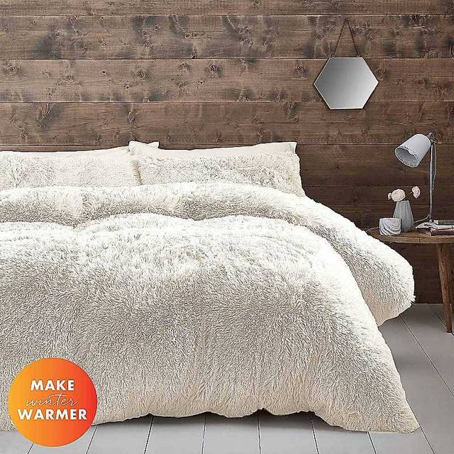 Cuddly Faux Fur Duvet Cover Set with Pillowcases - Cream (Double - 2 Pillowcases ( 50 x 75 cm ))