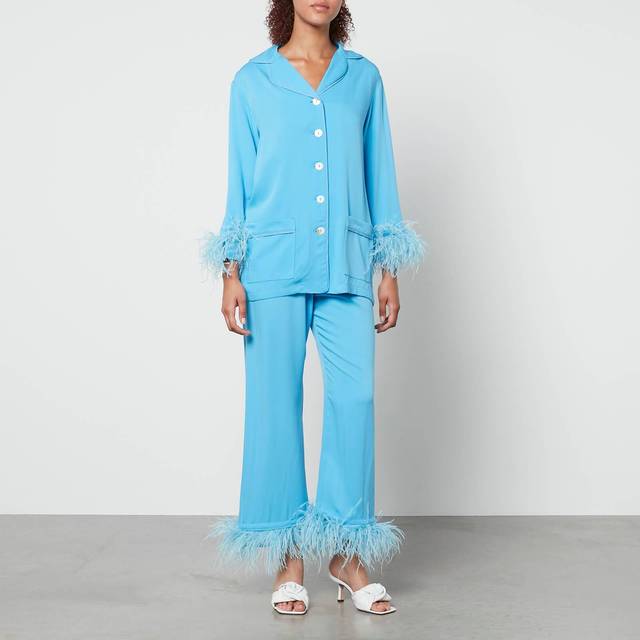 Sleeper Party Feather-Trimmed Crepe de Chine Pyjama Set - XS - Blue