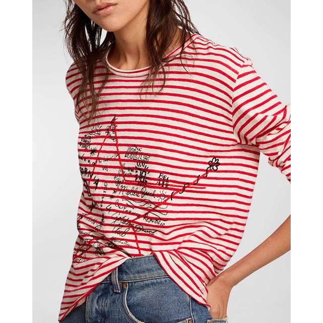 Striped Long-Sleeve T-Shirt w/ Embroidery - OFF WHITE RED - Small