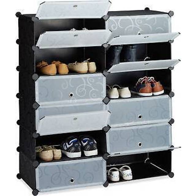 Plastic Shoe Cabinet, Shoe Rack, 12 Compartment Shelving Unit, hwd: 108 x 94 x 37 cm, White - Relaxdays