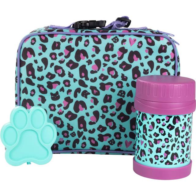 Bentology Kids Lunch Tote Set Cheetah Blue  PurpleIncludes Reusable Hard Ice Pack  Stainless Steel Food Jar ThermosHot or Co