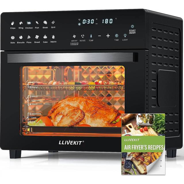 LLIVEKIT Varmluftsfritös, miniugn 26 l, 1 700 W luftfritös XXL, med 12 program och receptbok, varmluftsugn med digital LED-skärm, fritös med föruppvärmning, varmhållning och uppvärmning