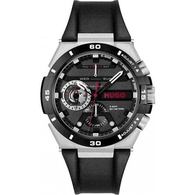 Black-dial watch with leather strap