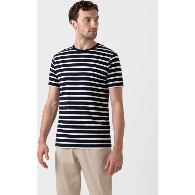 Sunspel Striped Crew Neck Q82 Cotton T-Shirt Navy/Ecru