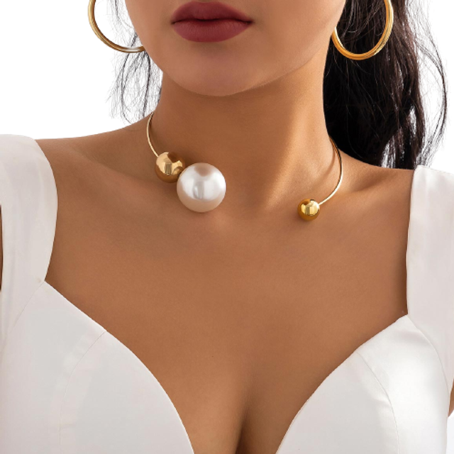 Modlily Gold Asymmetrical Pearl Design Metal Necklace - One Size (One Size)