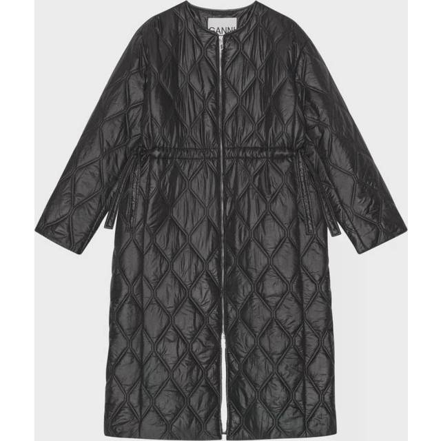Ganni Shiny Long Quilted Shell Coat - L/XL - Black