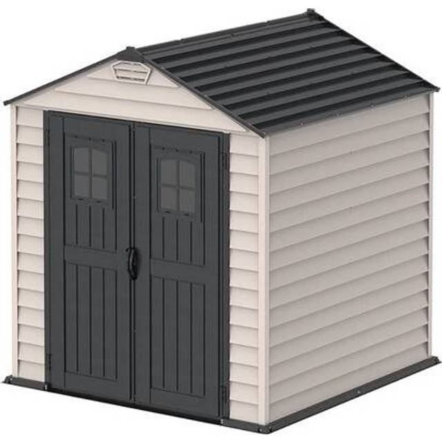 Duramax StoreMax 7 x 7 PLUS Plastic Garden Shed with Heavy-Duty Plastic Floor and Fixed Window on Doors, Strong Metal Roof Structure Fire Retardant an