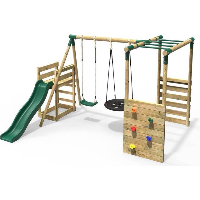 Rebo - Wooden Children's Swing Set with Monkey Bars plus Deck & 6ft Slide - Double Swing - Meteorite Green