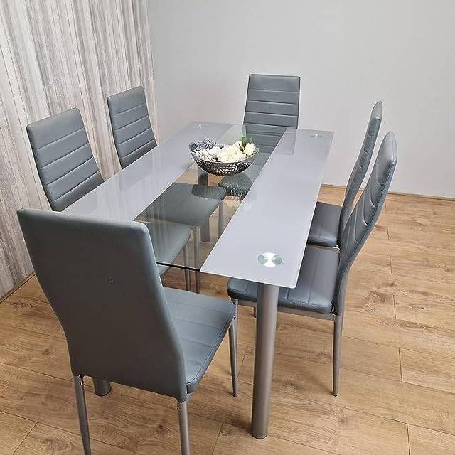 Dining Table and 4 Chairs Grey Clear Glass 4 Leather Grey Chairs Dining Room Furniture