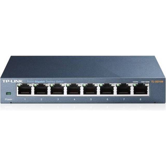 TP-Link TL-SG108 8-portars Gigabit nätverksswitch (plug-and-play, 8* RJ-45 LAN-portar, metallhölje, IGMP snooping, ohanterad, fläktlös) blå metallic