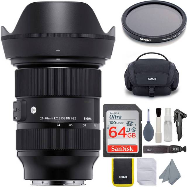Sigma 24-70mm f/2.8 DG DN Art Zoom Full Frame E-Mount Camera Lens with 64GB SD Card and Travel Bundle in Black