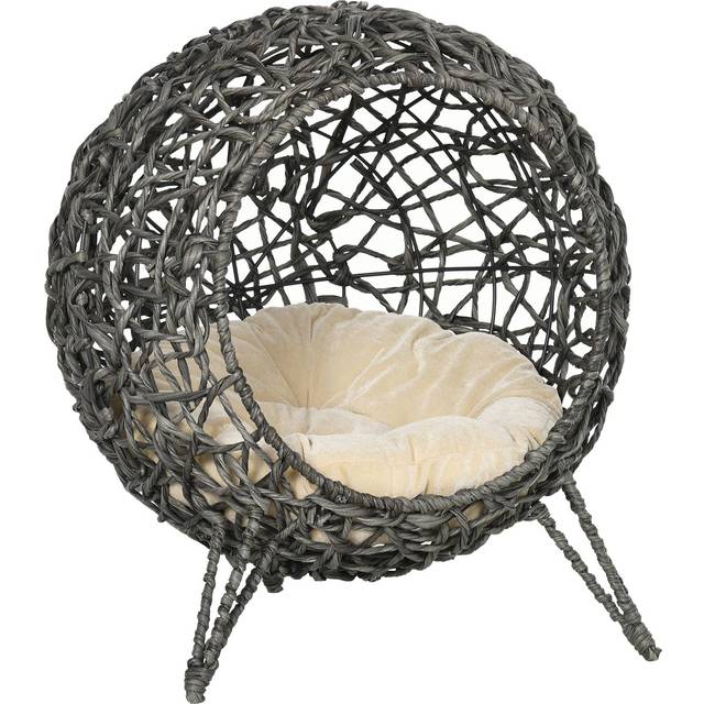 PawHut Rattan Elevated Cat House Kitten Bed Pet Furniture w/ Cushion Grey | TJ Hughes