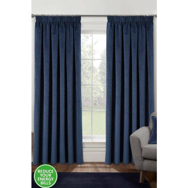 Oxford Velvet Thermal Blackout Ready Made Pencil Pleat Curtains Navy - Blue