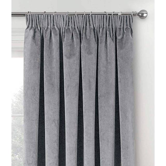 Oxford Velvet Thermal Blackout Ready Made Pencil Pleat Curtains Grey - Grey/Silver