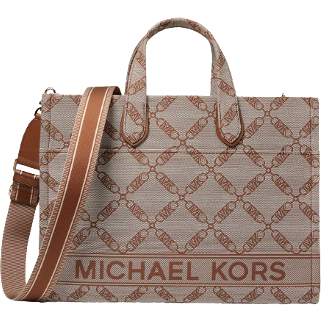 Michael Kors Large Gigi Empire Logo Jacquard Tote Bag - Gold Tone (Size 15.5  X 11.75  X 5.25)