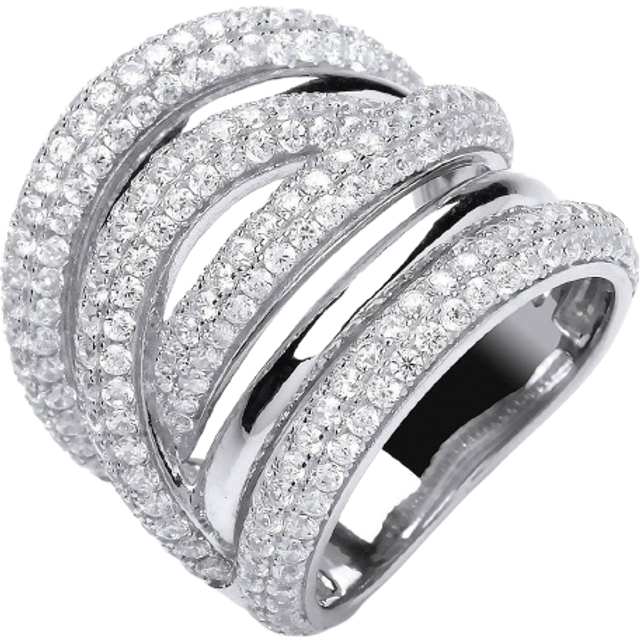 (O) Jewelco London Ladies Rhodium Plated Sterling Silver Cubic Zirconia 6 Row Pave Crossover Dress Ring