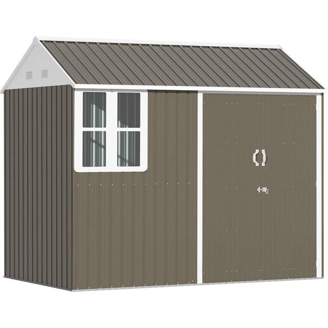 Outsunny 8 x 6 ft Galvanised Garden Shed, Double Door Metal Shed with Window and Air Vents, Outdoor Lockable Tool Storage House for Patio, Lawn, Grey