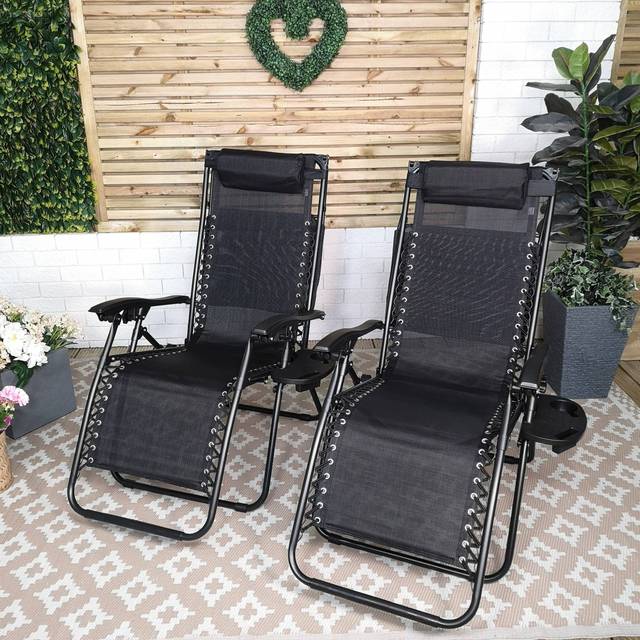 Samuel Alexander Set of 2 Multi Position Garden Gravity Relaxer Chair Sun Lounger with Sun Canopy in Black, Black