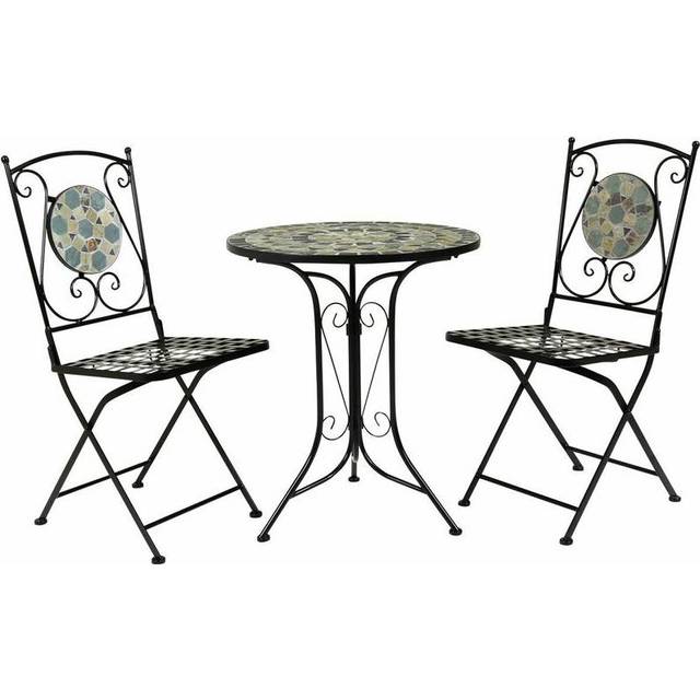 3 Piece Wrought Iron Mosaic Bistro Set Table and 2 Chairs - Black - One Size