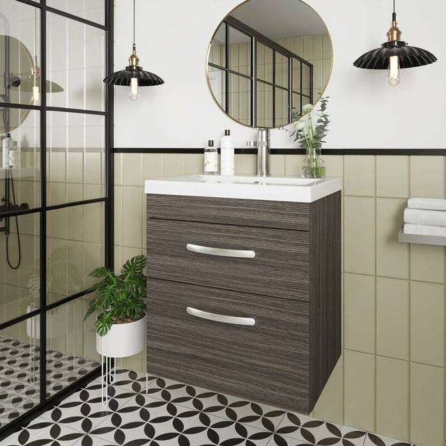 Vasari - Nuie Athena Wall Hung 2-Drawer Vanity Unit with Basin-1 500mm Wide - Anthracite Woodgrain