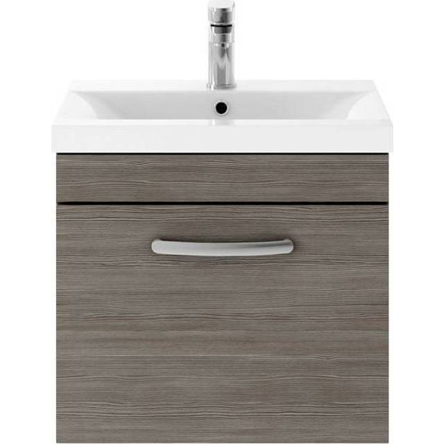 Nuie Athena 500 Wall Hung Single Drawer Vanity & Minimalist Basin - Grey Woodgrain, Grey