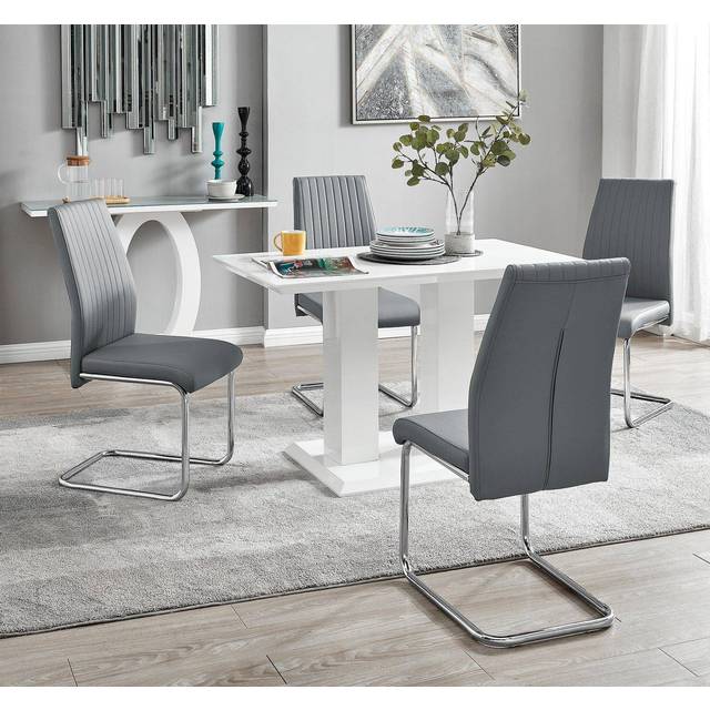 Imperia 4 Modern White High Gloss Dining Table and 4 Lorenzo Chrome Chairs Set - Grey