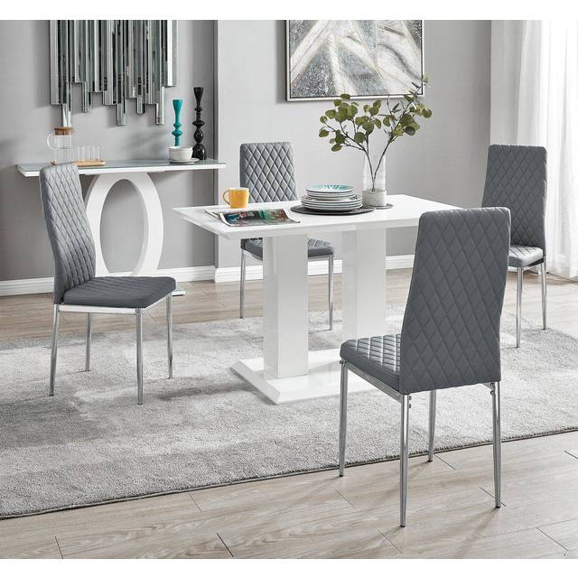 Imperia 4 Modern White High Gloss Dining Table and 4 Milan Chairs Set - Grey
